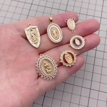 4pcs Gold Virgin Mother Mary Charm Connectors, Catholic Baptism Lady Guadalupe Charm, Medallion Religious Jewelry Craft (GB-4395)