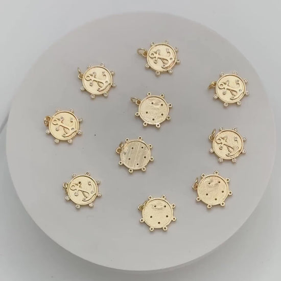 4pcs Gold Anchor Disc Charms 18mm, 18K Gold plated Brass, Round Disk Anchor Pendants (GB-3746-D)