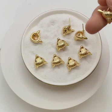 4pcs CZ Pave Gold Fox Head Earrings 12x14mm, Gold Plated Brass, Cute Animal Stud Earrings (GB-4529)