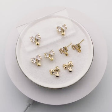 10pcs CZ Pave Bowknot Earring with Pearl Peg, Real Gold Plated Brass Stud Earrings (#GB-1116)