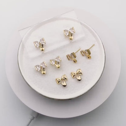 10pcs CZ Pave Bowknot Earring with Pearl Peg, Real Gold Plated Brass Stud Earrings (#GB-1116)