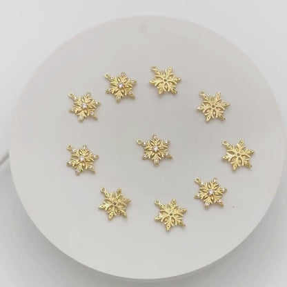 4pcs CZ Pave Gold Snowflake Connectors 18x13.5mm, Rhinestone Flower Charms, Real Gold Plated Brass Findings (GB-3486-L)