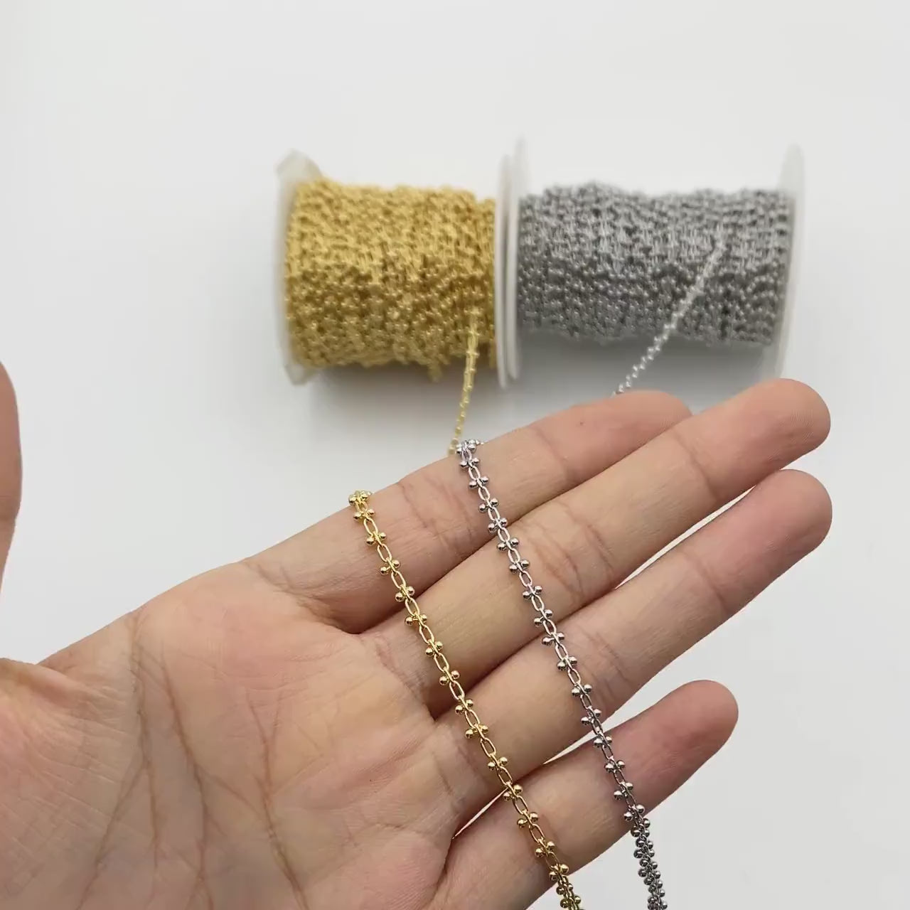 Gold/ Silver Tone Beaded Cable Chains 3.3mm, 18K Gold/ Rhodium plated Brass, Quality Specialty Chain Wholesale (#LK-237)/ 1 Meter=3.3 ft