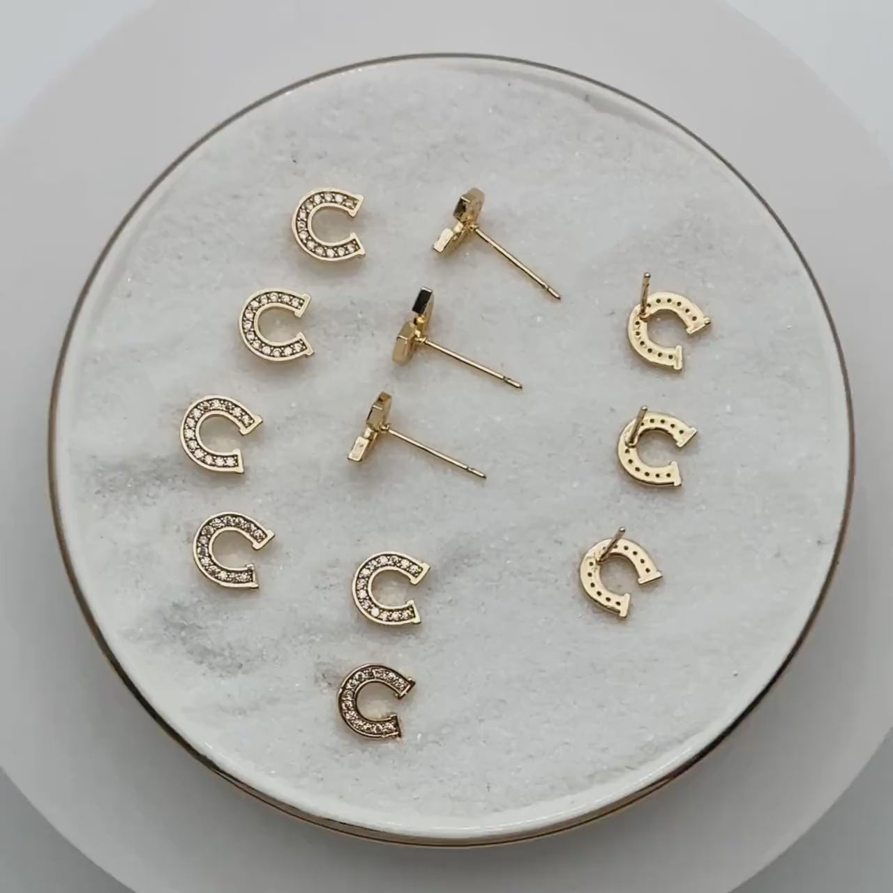 10pcs  CZ Pave Horseshoe Ear Posts 8x8mm, Gold Plated Brass U Shaped Stud Earrings (#GB-1439-D)