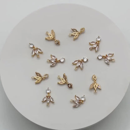 4pcs Gold CZ Pave Flower Charm 18x12mm, Real Gold plated Brass Leaf Pendants (GB-584-E)