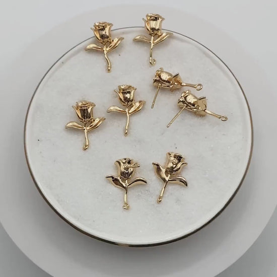 10pcs Gold Rose Earring with Loop, Gold plated Brass Floral Stud Earring(GB-3525)