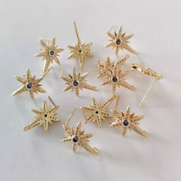 4pcs CZ Pave North Star Ear Posts with Loops,25x11mm, Real Gold Plated Brass Star Stud Earrings (#GB-311-N)