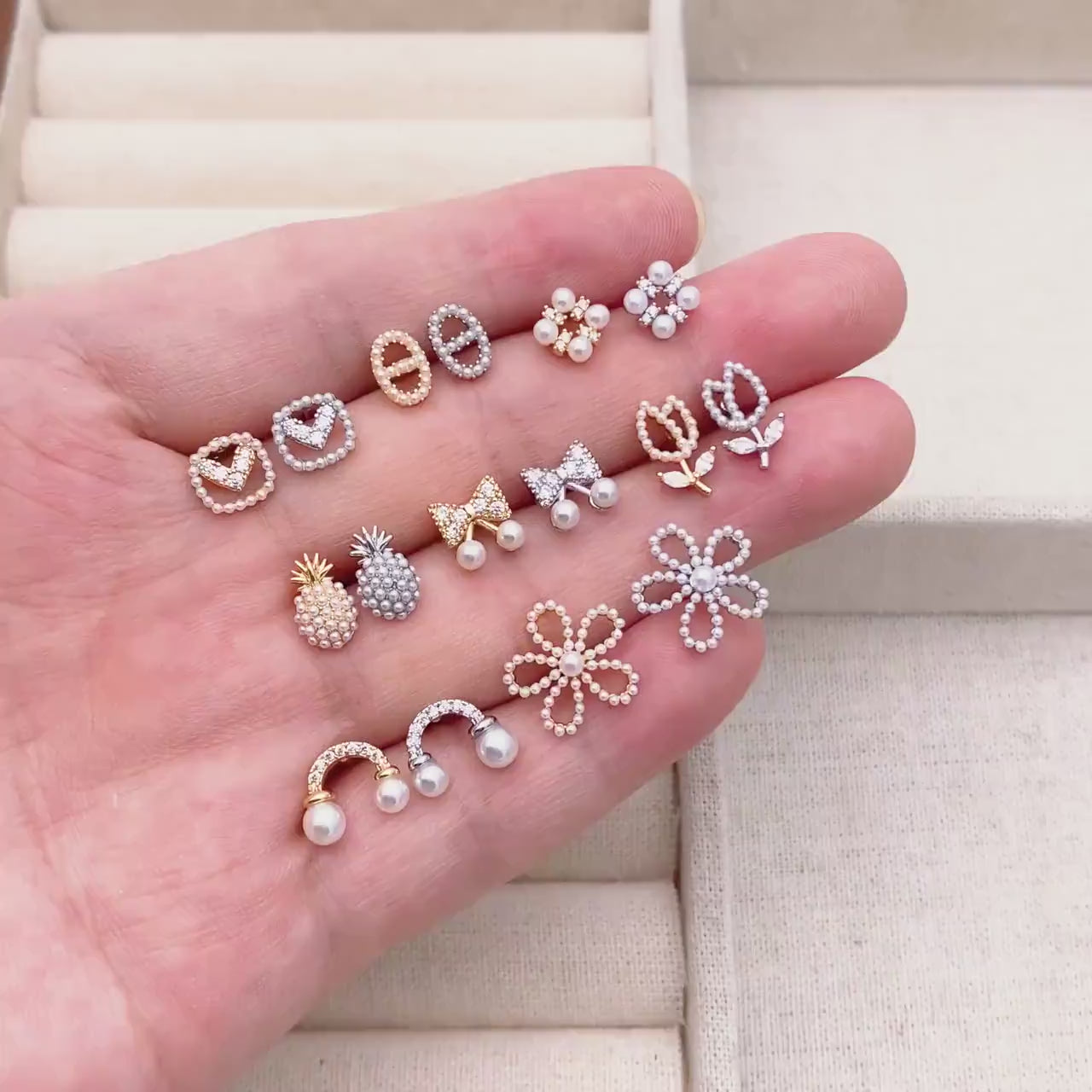 4pcs Gold/ Silver Faux Pearl Earrings, 18K Real Gold/ Rhodium Plated Brass, Dainty Stud Earring (#GB-4682)