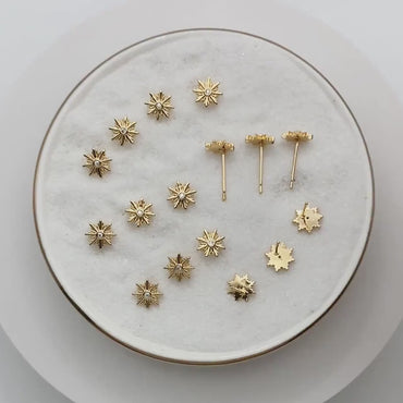 10pcs CZ Pave Gold Sun Ear Post, Real Gold Plated Brass Snowflake Stud Earrings (#GB-3041-M)