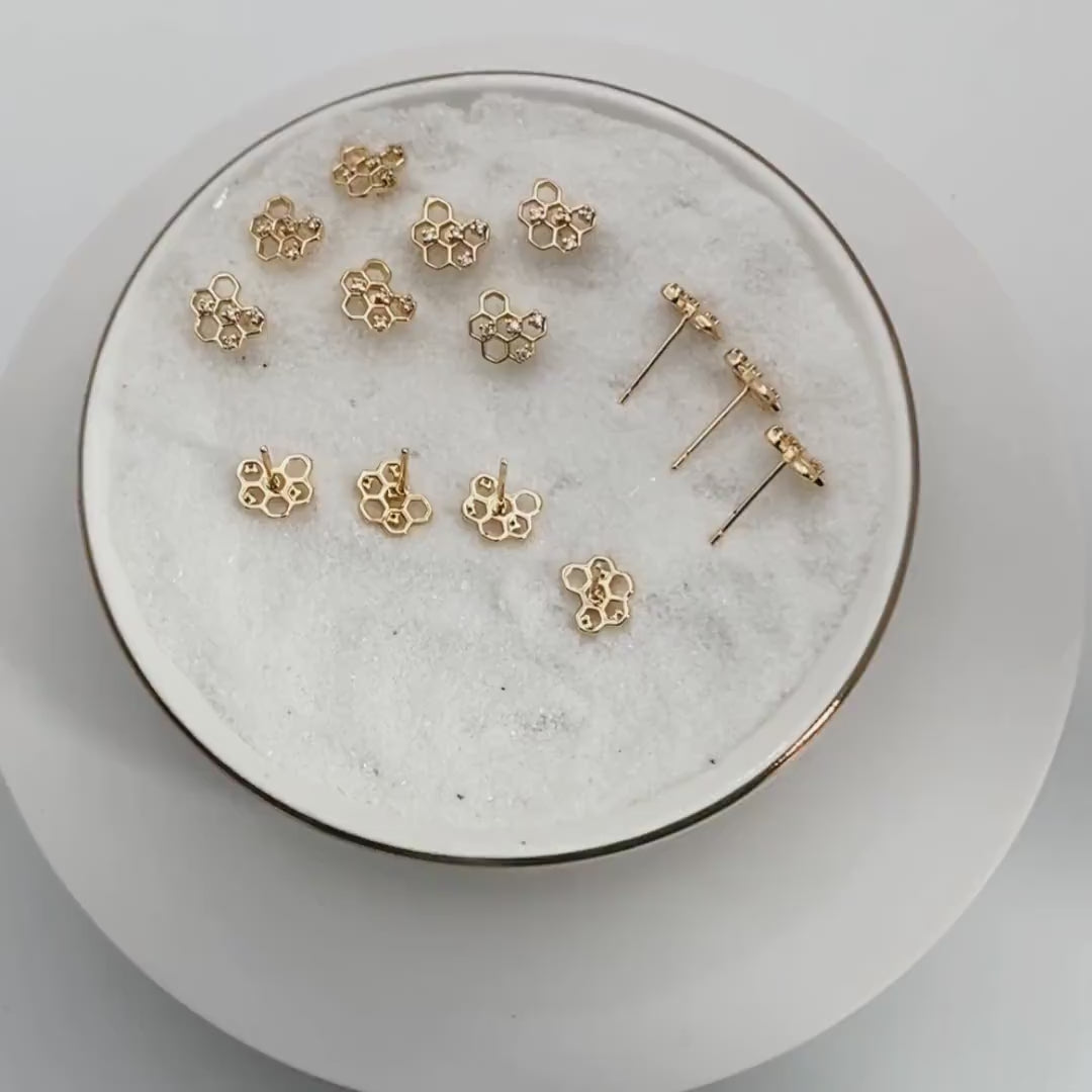 10pcs CZ Pave Gold Honeycomb Earring,Honey Comb Minimalist Earrings. Dainty Geometric earrings (GB-3896)