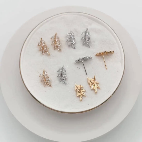 4pcs CZ Pave Gold/ Silver Leaf Earrings, 18K Real Gold/ Rhodium Plated Brass, Dainty Flower Stud Earrings (GB-4354)