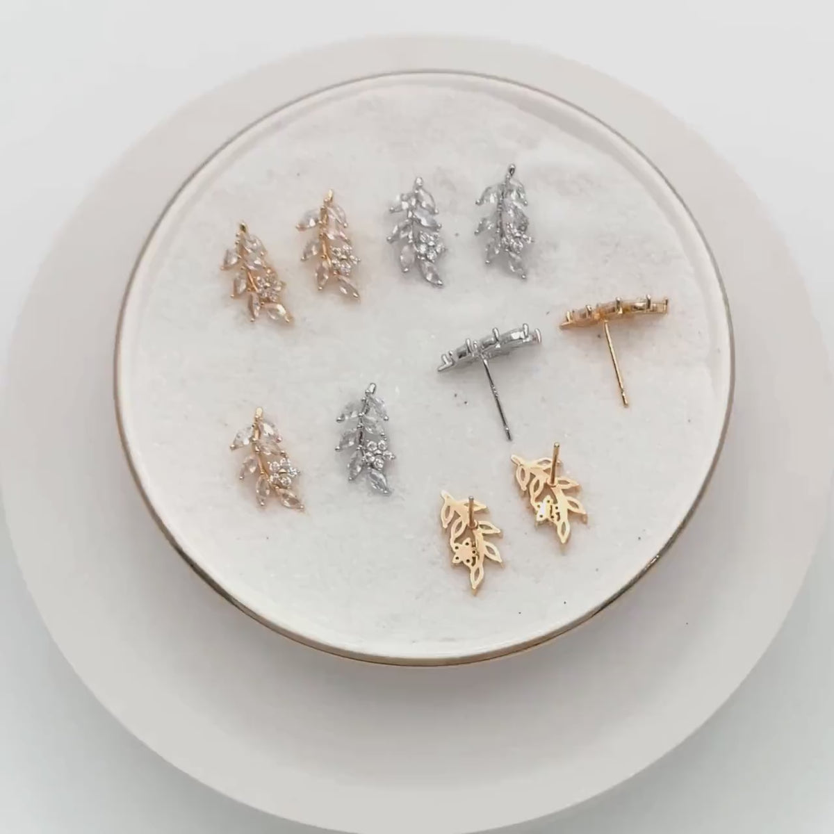 4pcs CZ Pave Gold/ Silver Leaf Earrings, 18K Real Gold/ Rhodium Plated Brass, Dainty Flower Stud Earrings (GB-4354)