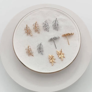 4pcs CZ Pave Gold/ Silver Leaf Earrings, 18K Real Gold/ Rhodium Plated Brass, Dainty Flower Stud Earrings (GB-4354)