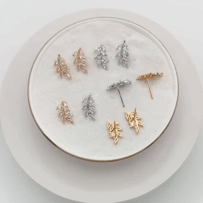 4pcs CZ Pave Gold/ Silver Leaf Earrings, 18K Real Gold/ Rhodium Plated Brass, Dainty Flower Stud Earrings (GB-4354)