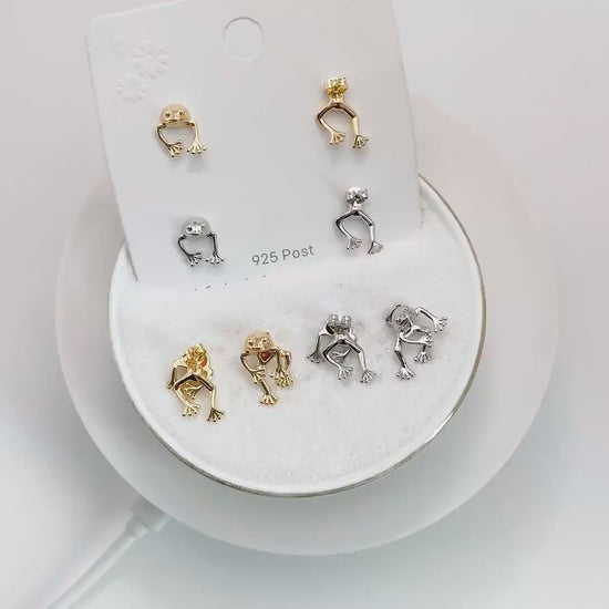 4pcs Gold/ Silver Tone Frog Front Back Earrings, Gold/ Rhodium Plated Brass, Animal Ear Jacket (GB-4533)