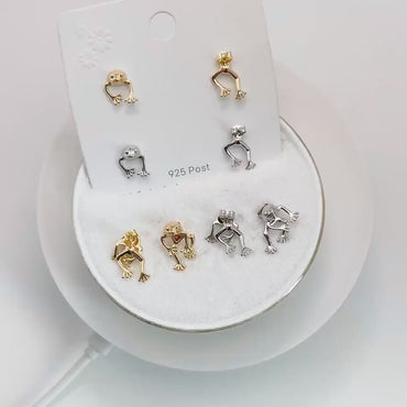 4pcs Gold/ Silver Tone Frog Front Back Earrings, Gold/ Rhodium Plated Brass, Animal Ear Jacket (GB-4533)