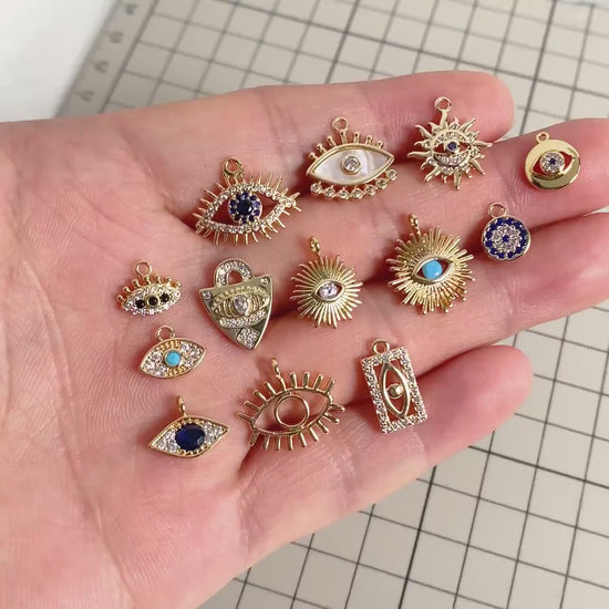4pcs Gold plated Evil Eye Charms, CZ Pave Eye Pendants, 18K Gold plated Brass, Mystic Eye Jewelry Findings Supplies (GB-1819)