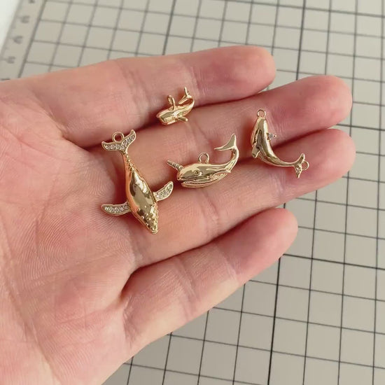 4pcs CZ Pave Gold Whale charm, 18K Real Gold plated Brass, 3D Whale Charm, Whale pendant (GB-2560)