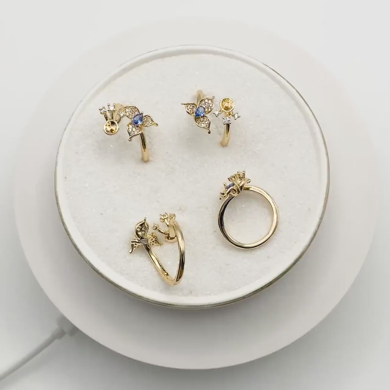 4pcs CZ Pave Gold Flower Ring, Butterfly Ring, Adjustable Ring Mounting, Pearl Ring Setting (#JZ-019)