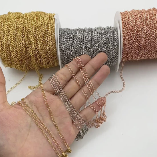 Gold/ Silver/ Rose Gold Curb Chain 3mm, Real Gold/ Rhodium Plated Brass "Extender" Chain, Color Not Easily Tarnish (LK-175)/ 1 meter