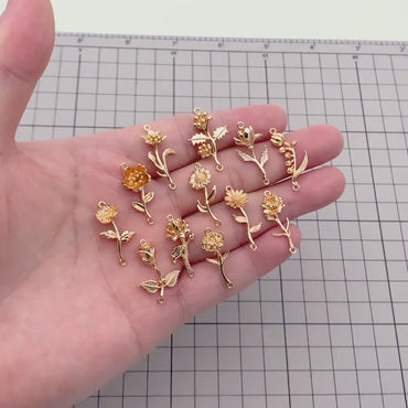 4 pieces- Gold 12 Month Birth Flower Connector Collection, Floral Necklace Pendants (GB-4725)