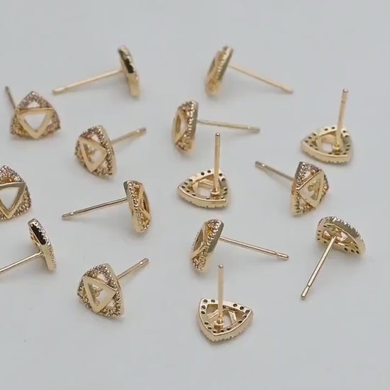 4pcs CZ Pave Triangle Earrings 8mm, 18K Gold Plated Brass, Triangle Stud Earrings (#GB-3434)