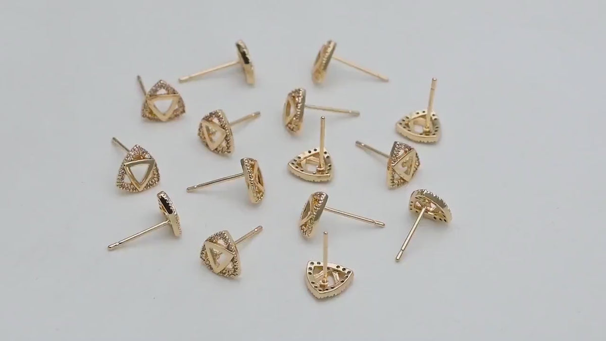 4pcs CZ Pave Triangle Earrings 8mm, 18K Gold Plated Brass, Triangle Stud Earrings (#GB-3434)