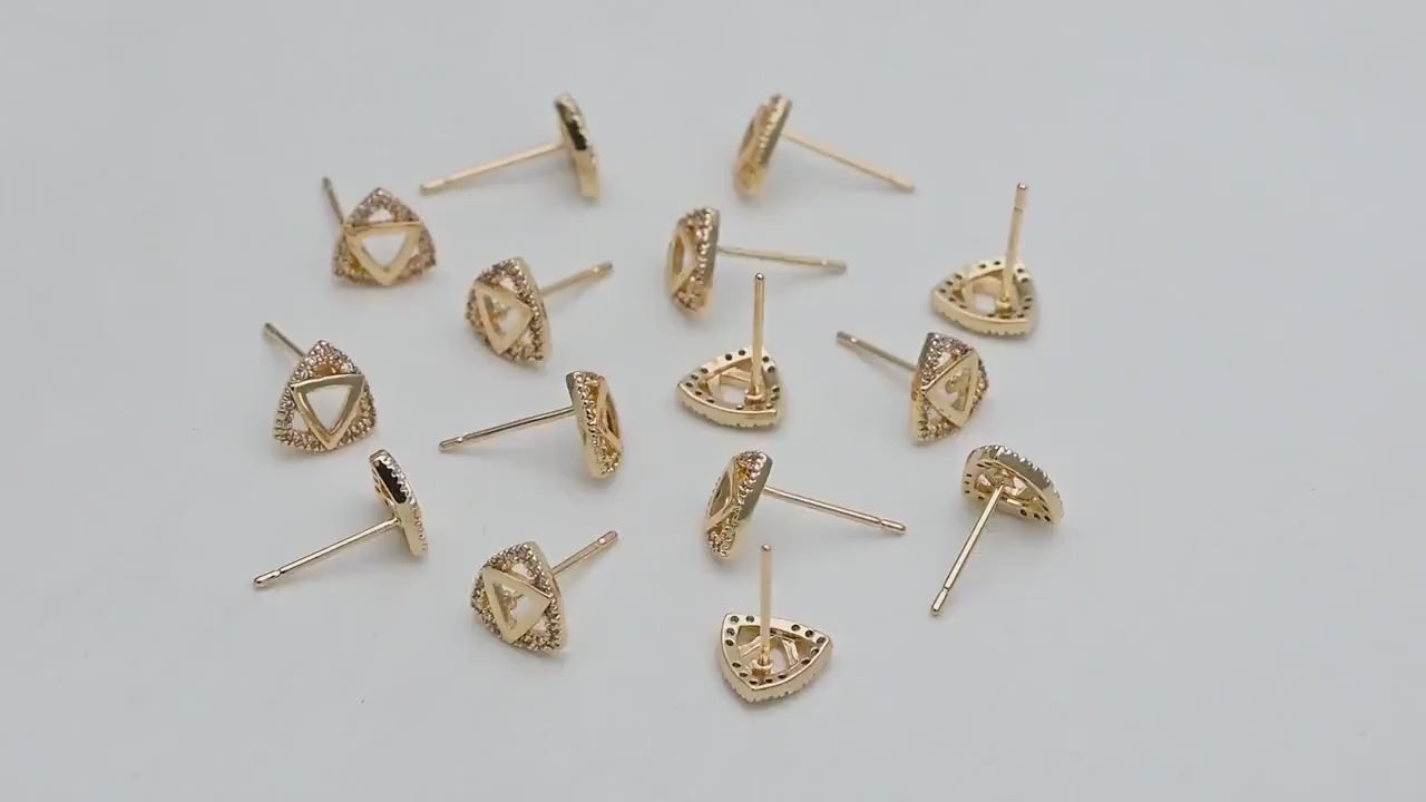 4pcs CZ Pave Triangle Earrings 8mm, 18K Gold Plated Brass, Triangle Stud Earrings (#GB-3434)