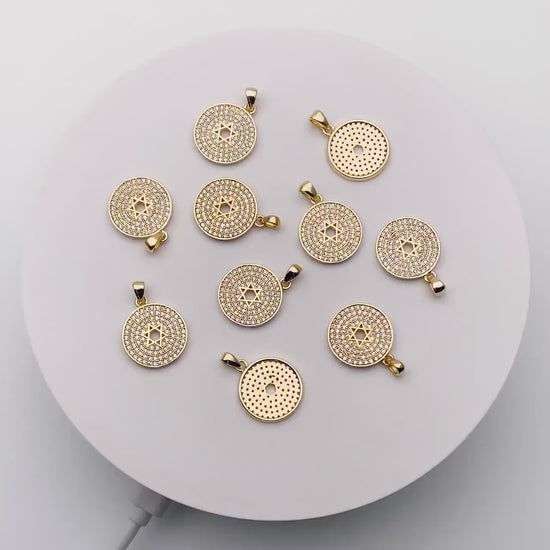 2pcs CZ Micro Pave Gold Round Charms 16x22mm, Hexagram Pattern Coin Necklace Pendants (GB-188)