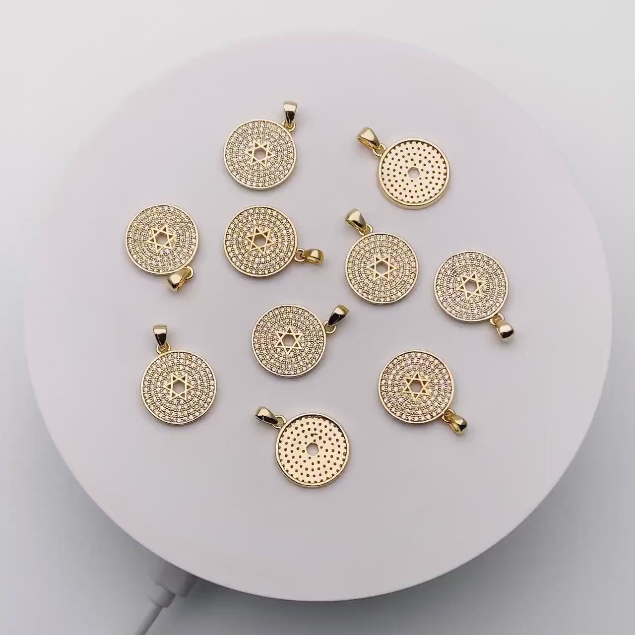 2pcs CZ Micro Pave Gold Round Charms 16x22mm, Hexagram Pattern Coin Necklace Pendants (GB-188)