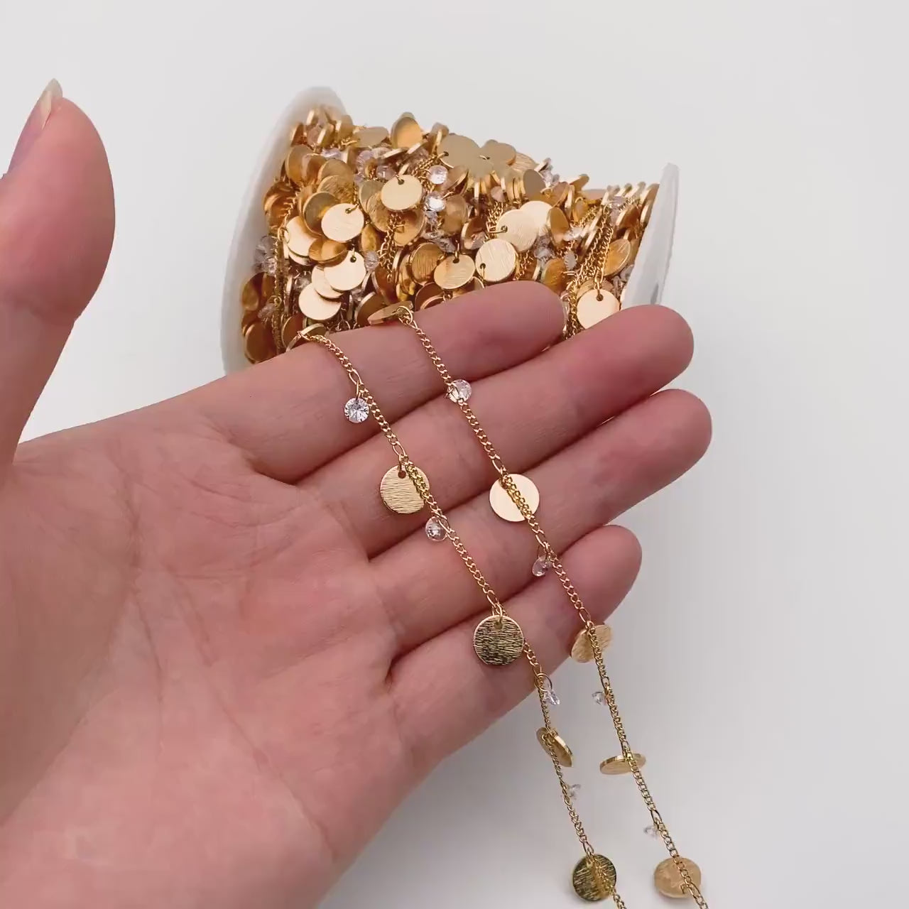 Gold Chain with Disc and CZ Charms, Curb Chain with Brushed Gold Disk, Lead Nickel Free (#LK-220-1)/ 1 Meter=3.3ft