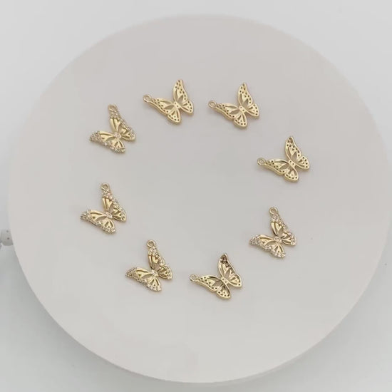 4pcs Gold plated Brass Hollow Butterfly Charms, CZ pave Butterfly Filigree Pendants (GB-3561-O)