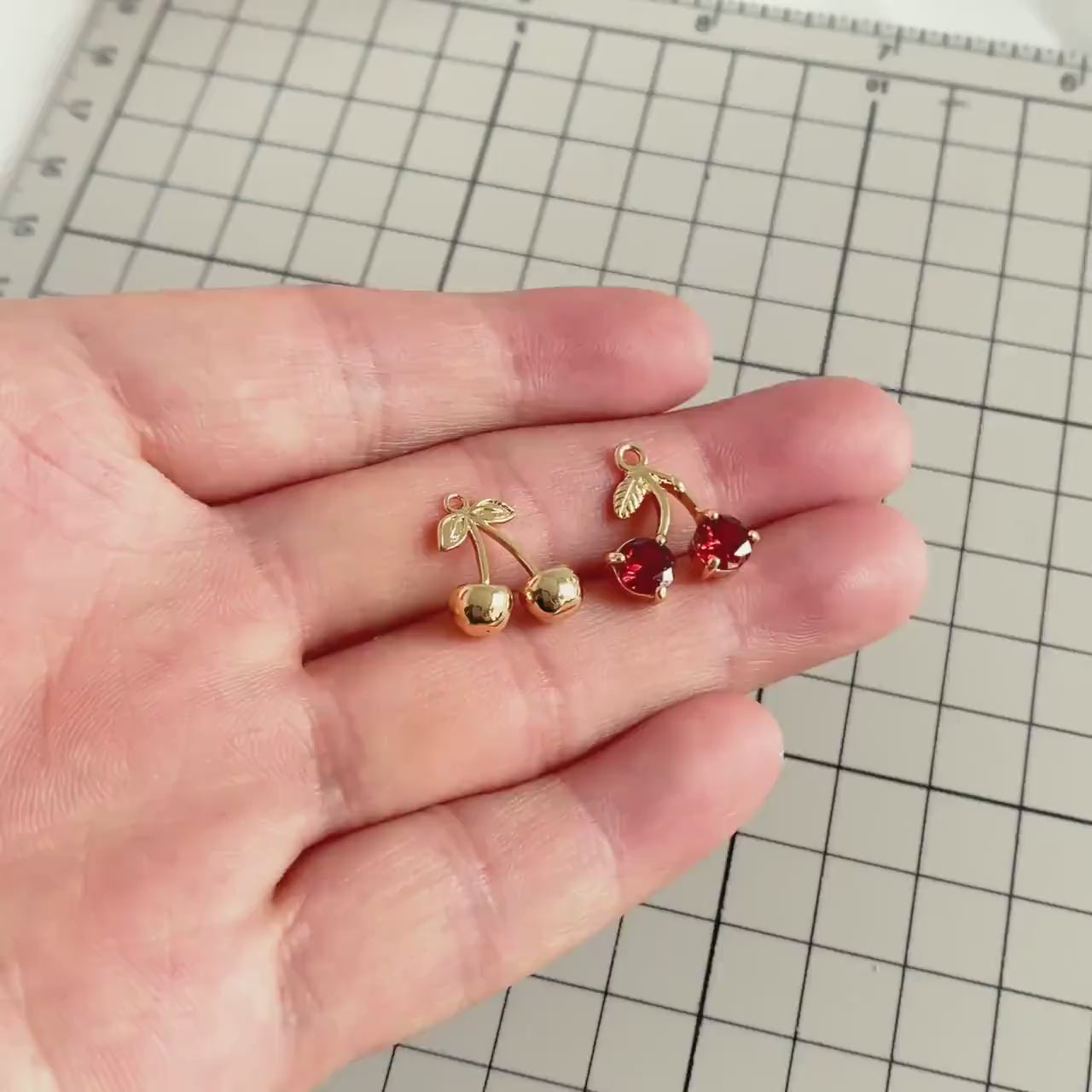 4pcs Gold Cherry Charms, Real Gold plated Brass, Cute Earring Charms (GB-2612)