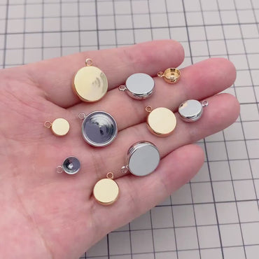 10pcs Gold/ Silver tone Bezel Setting, Round Blank Charm Pendants, inner 8/ 10/ 12mm, Gold/ Rhodium plated Brass Cabochon Base (GB-1748)