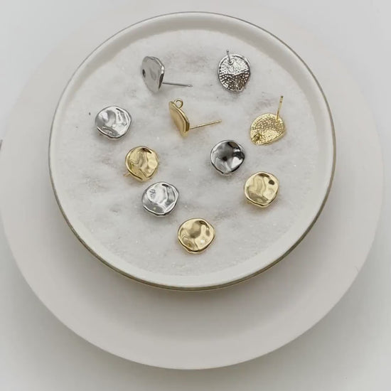 10pcs Gold/ Silver waved Round Disc textured Ear Posts 12x10mm, 18K Gold/ Rhodium plated Brass, Geometric Stud Earring Components (GB-1161)