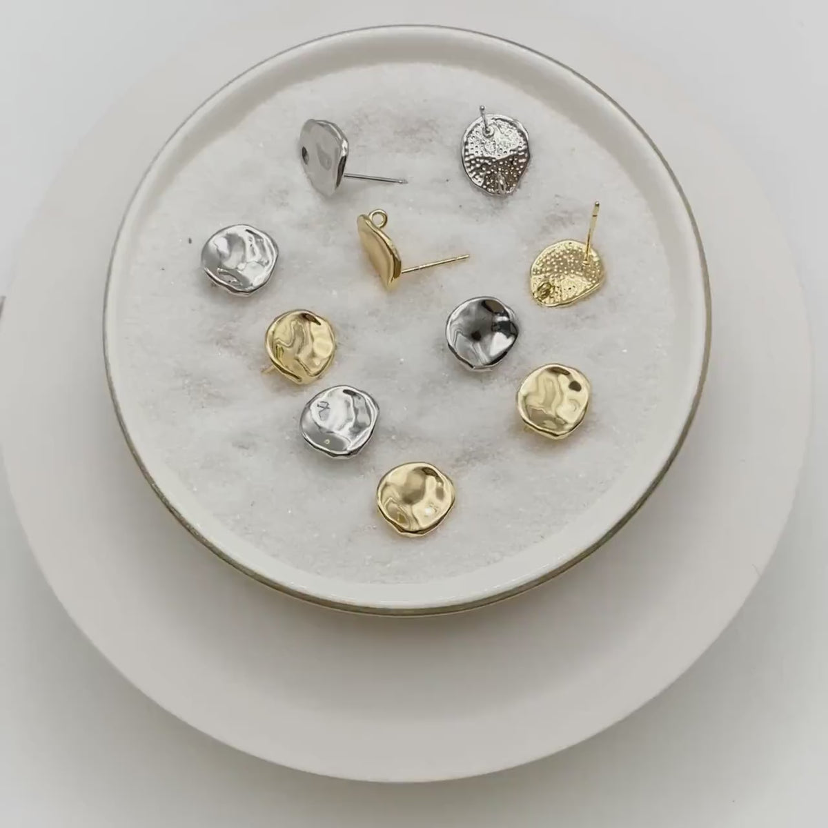 10pcs Gold/ Silver waved Round Disc textured Ear Posts 12x10mm, 18K Gold/ Rhodium plated Brass, Geometric Stud Earring Components (GB-1161)