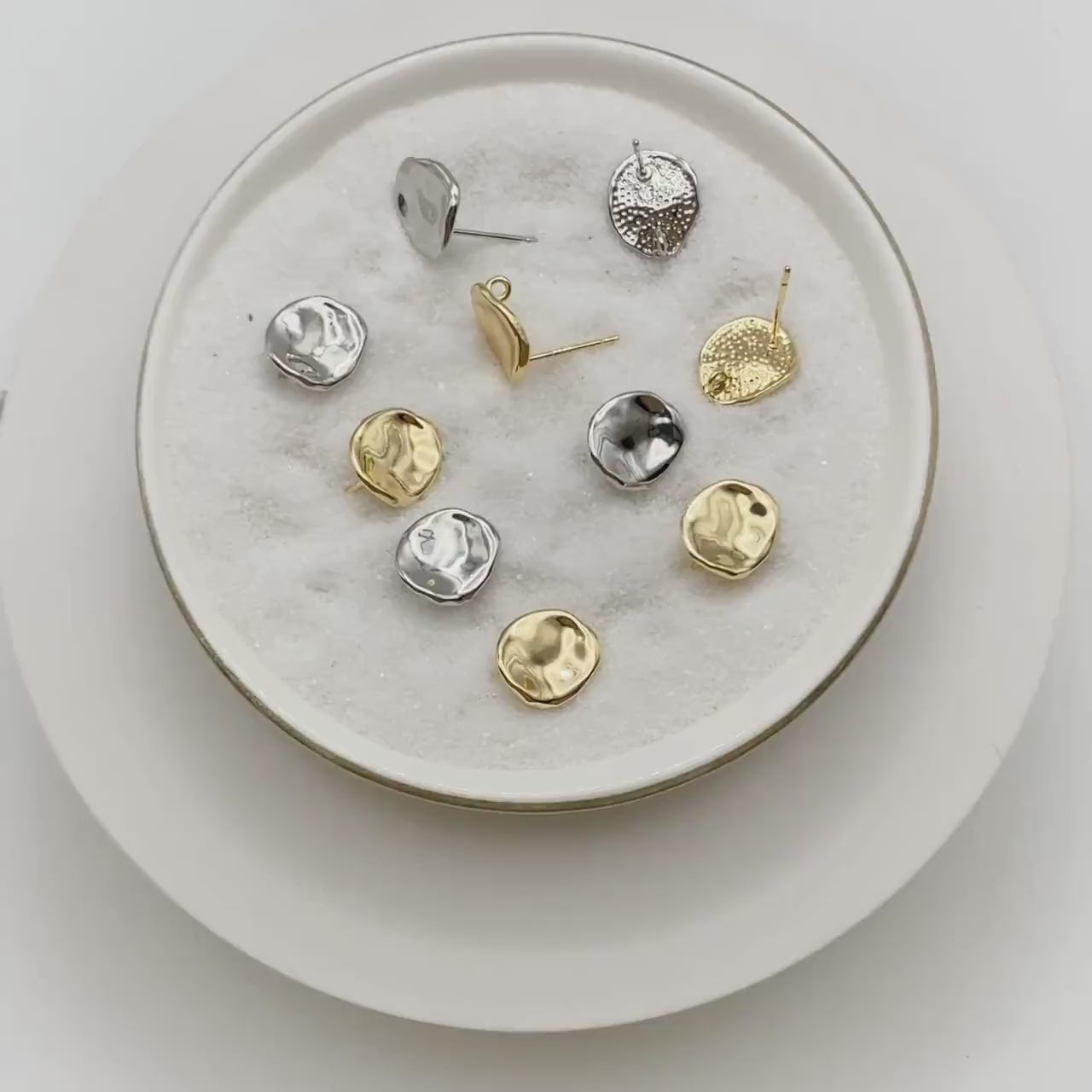 10pcs Gold/ Silver waved Round Disc textured Ear Posts 12x10mm, 18K Gold/ Rhodium plated Brass, Geometric Stud Earring Components (GB-1161)