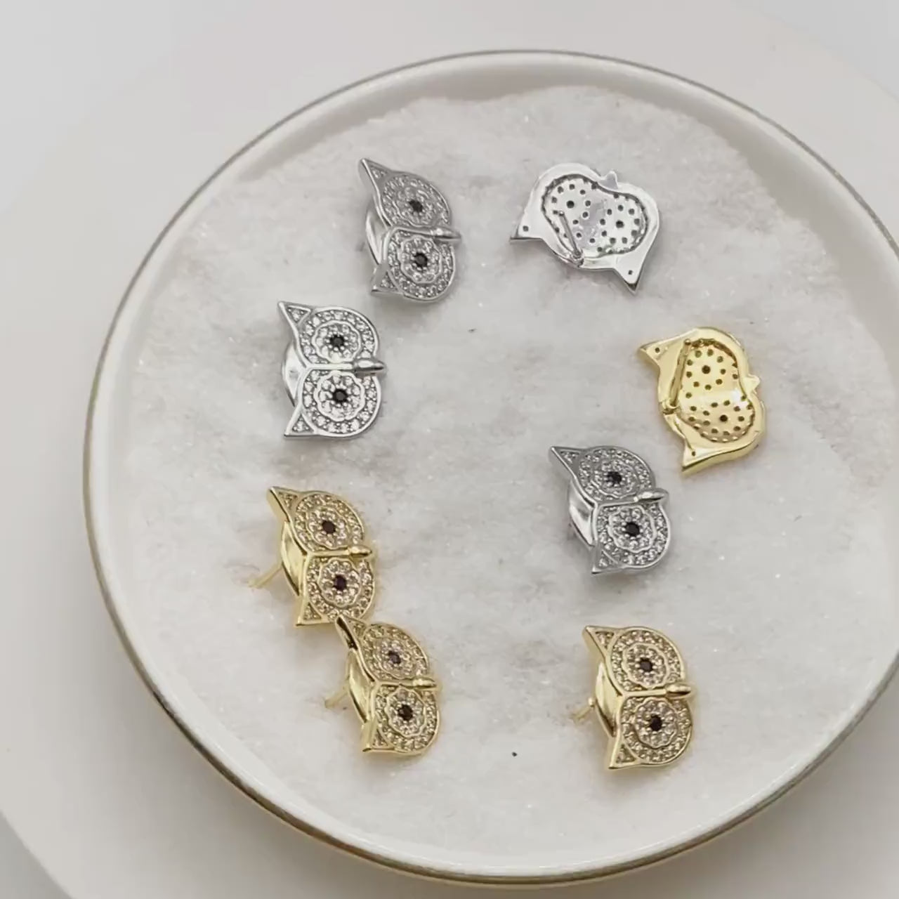 4pcs CZ Pave Gold/ Silver Tone Owl Earrings 11x14mm, Gold/ Rhodium Plated Brass, Bird Stud Earrings (GB-4513)