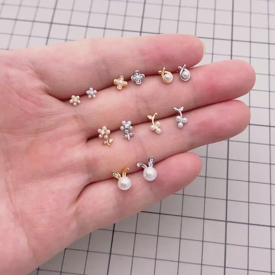 10pcs Gold/ Silver Faux Pearl Earrings, 18K Real Gold/ Rhodium Plated Brass, Dainty Stud Earring (#GB-4681)