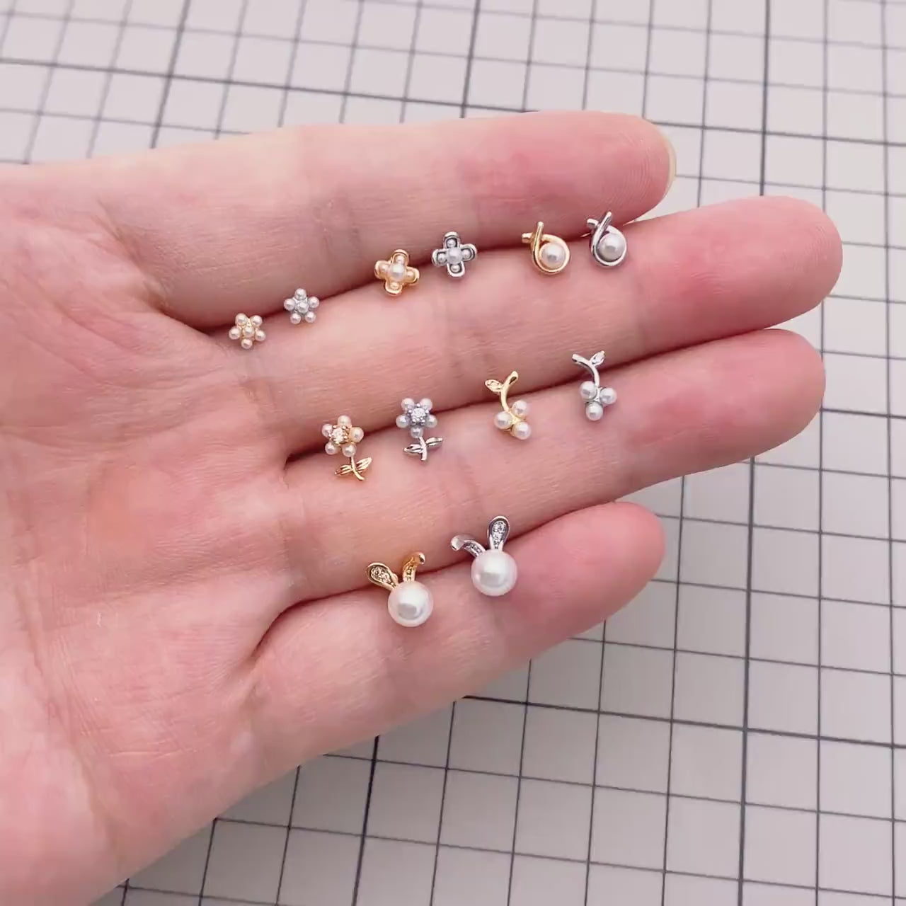 10pcs Gold/ Silver Faux Pearl Earrings, 18K Real Gold/ Rhodium Plated Brass, Dainty Stud Earring (#GB-4681)