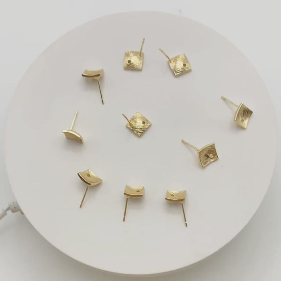 10pcs Square Earring Posts with Loop/ Hole, Real Gold Plated Brass Ear Stud, Lead Nickel Free (GB-071)