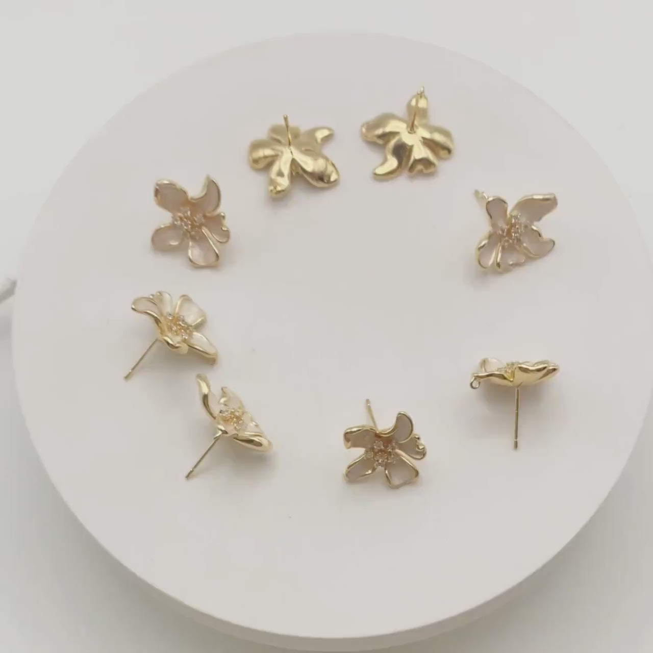 4pcs CZ Pave Gold Enamel Flower Earrings with Loop, Gold Plated Brass Stud Earrings, DIY Ear Findings (GB-4445)
