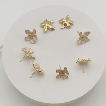 4pcs CZ Pave Gold Enamel Flower Earrings with Loop, Gold Plated Brass Stud Earrings, DIY Ear Findings (GB-4445)