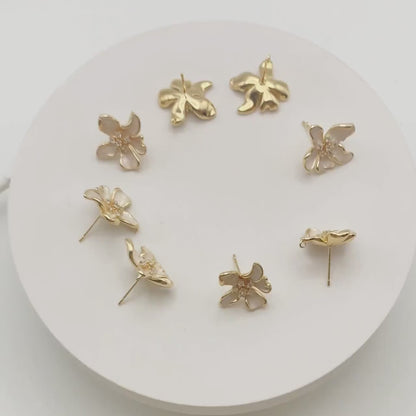 4pcs CZ Pave Gold Enamel Flower Earrings with Loop, Gold Plated Brass Stud Earrings, DIY Ear Findings (GB-4445)
