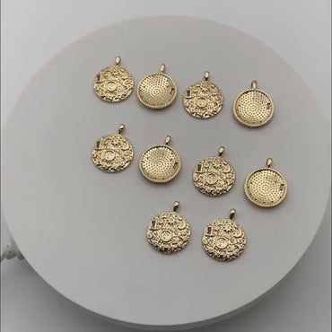 4pcs CZ Pave Gold Round Moon Star Charms, 18K Gold plated Brass, Disk Pendants (GB-2394-D)