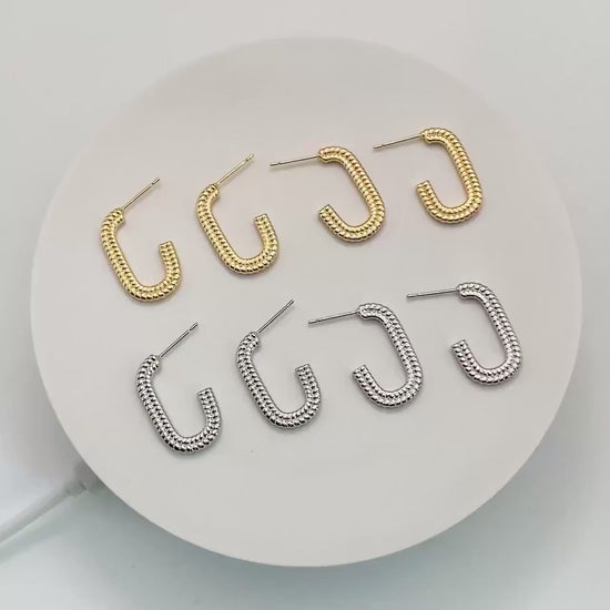 4pcs Gold/ Silver Tone C Shape Earrings, Real Gold/ Rhodium plated Brass, Dainty Oval Hoop Stud Earrings (GB-4466)