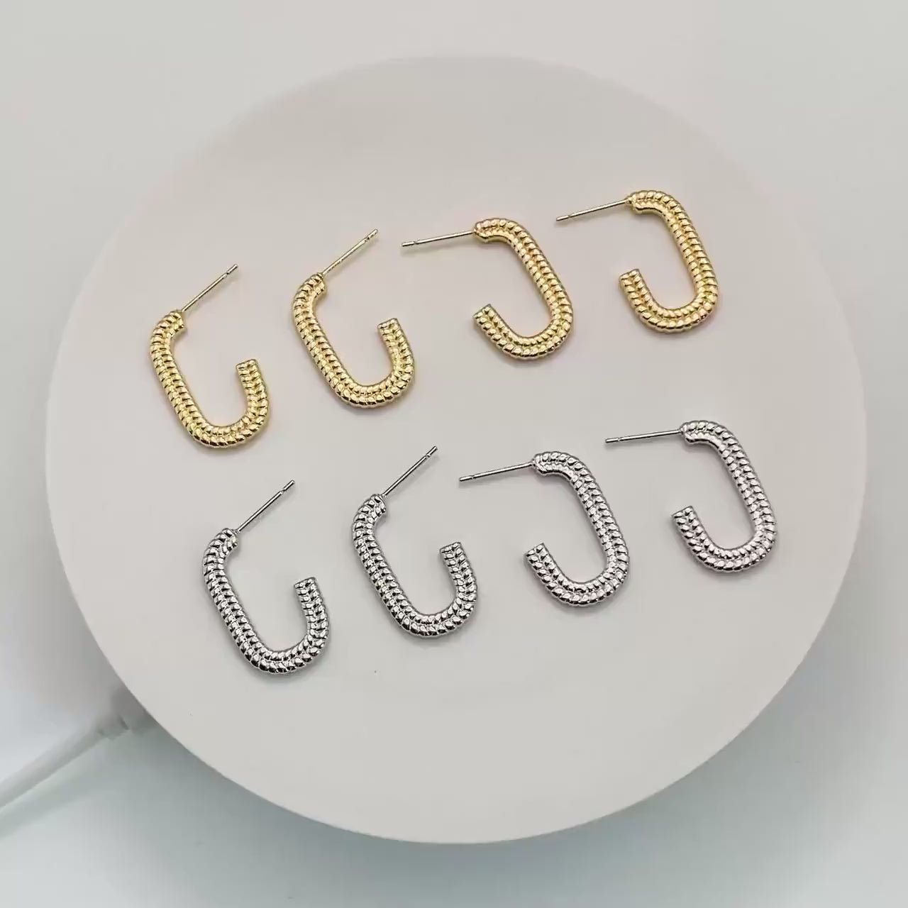 4pcs Gold/ Silver Tone C Shape Earrings, Real Gold/ Rhodium plated Brass, Dainty Oval Hoop Stud Earrings (GB-4466)