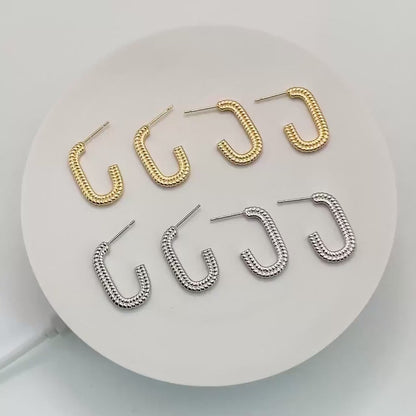 4pcs Gold/ Silver Tone C Shape Earrings, Real Gold/ Rhodium plated Brass, Dainty Oval Hoop Stud Earrings (GB-4466)