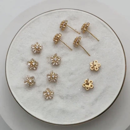 4pcs CZ Pave Gold Flower Ear Posts 8mm, Gold Plated Brass Stud Earrings (GB-3371-D)