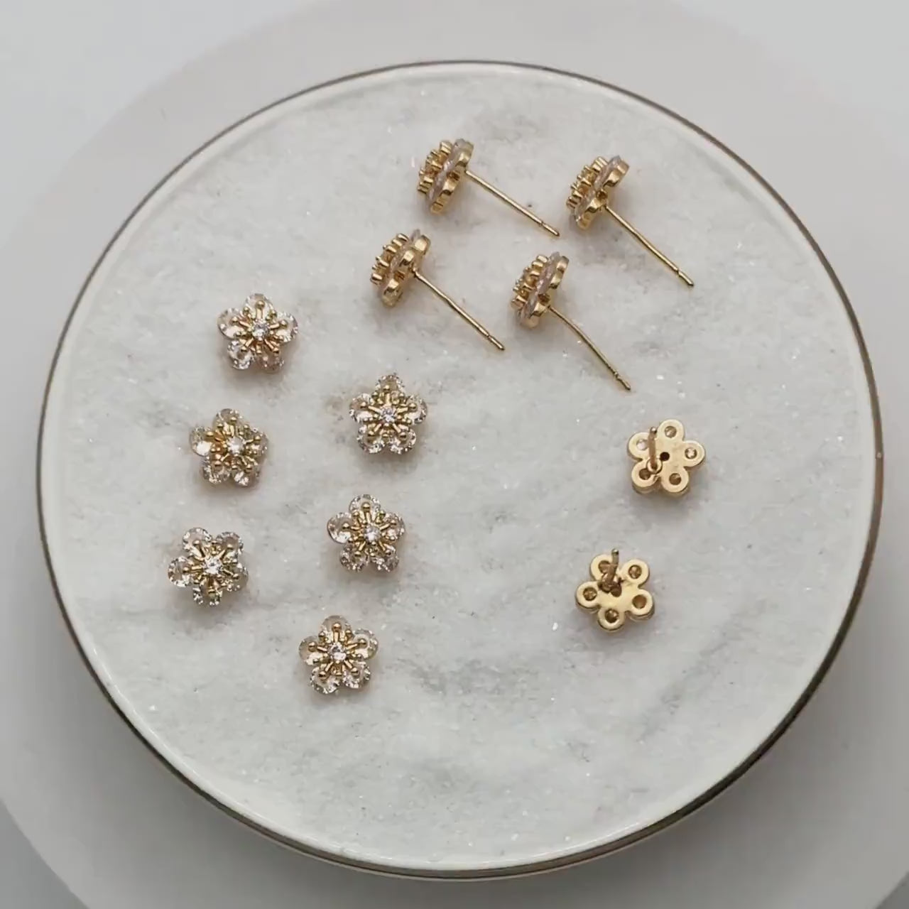 4pcs CZ Pave Gold Flower Ear Posts 8mm, Gold Plated Brass Stud Earrings (GB-3371-D)
